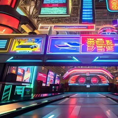 A futuristic cyberpunk market with neon signs, holographic displays, and futuristic vehicles2, Generative AI