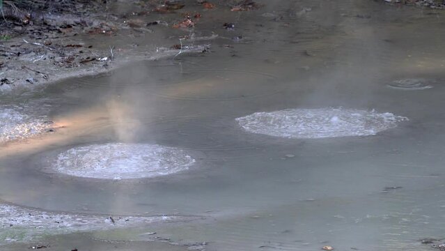 Hokkaido, Japan - October 13, 2023: mud volcano Bokke of Akan lake in Hokkaido, Japan
