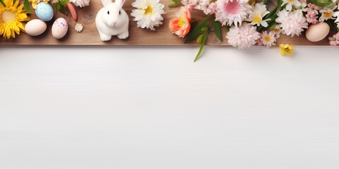 Celebrate Easter with this heartwarming flat lay, featuring vibrant eggs, delicate flowers, and a charming bunny doll, thoughtfully arranged on a rustic white wooden tabletop