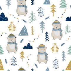 Christmas seamless repeat pattern with, bear, christmas trees, branches in scandinavian style in blue, yellow and natural color. Perfect for Winter wrapping, merry christmas holiday decoration.