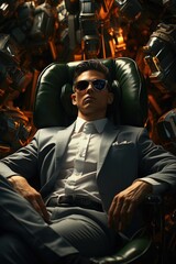 A man in a suit and sunglasses sitting in a chair
