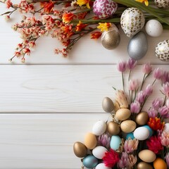 Fototapeta na wymiar Celebrate Easter with this heartwarming flat lay, featuring vibrant eggs, delicate flowers, and a charming bunny doll, thoughtfully arranged on a rustic white wooden tabletop