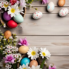 Obraz na płótnie Canvas Celebrate Easter with this heartwarming flat lay, featuring vibrant eggs, delicate flowers, and a charming bunny doll, thoughtfully arranged on a rustic white wooden tabletop