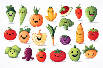 A group of cartoon fruits and vegetables with faces - obrazy, fototapety, plakaty