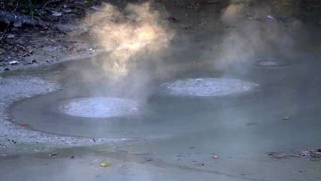 Hokkaido, Japan - October 13, 2023: mud volcano Bokke of Akan lake in Hokkaido, Japan
