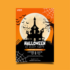 Happy Halloween party posters set with night clouds and pumpkins in paper-cut style. Vector illustration. Full moon, witch cauldron, spider web and flying bat. Place for tex