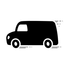Van icon. Moving delivery truck. The car is in motion. Black silhouette. Side view. Vector simple flat graphic illustration. Isolated object on a white background. Isolate.