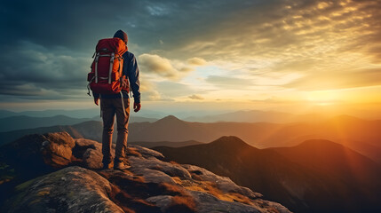 Un randonneur arrivé au sommet d'une montagne avec un coucher de soleil.  - obrazy, fototapety, plakaty