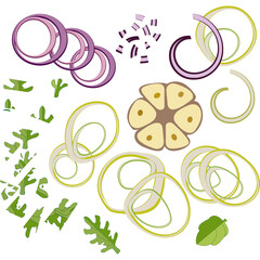 Onion. Ingredients for pizza. Red onion rings. Onion rings. Vector drawing. Doodle for salad, Pizzeria and cafe.Garlic.