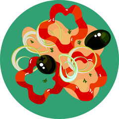 Pizza. Ingredients for pizza. Vegetables, herbs, mushrooms and sausage for baking pizza. Sweet and bitter pepper sliced for different pizzas. Vector collection. Tomato and cheese. A set for a Pizzeria