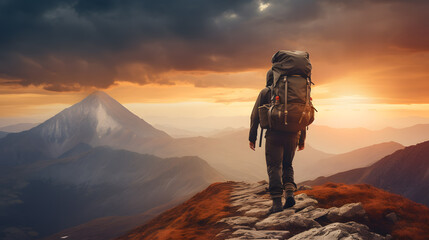 Un randonneur avec son sac à dos en tain de marcher sous un coucher de soleil dans les montagnes.  - obrazy, fototapety, plakaty