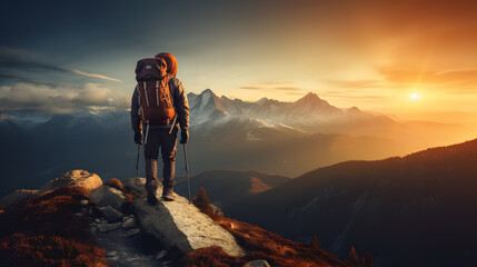 Un randonneur dans les montagnes avec un coucher de soleil. - obrazy, fototapety, plakaty