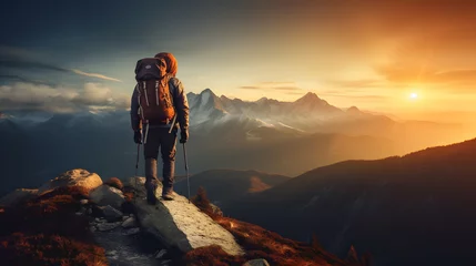Poster Un randonneur dans les montagnes avec un coucher de soleil. © Gautierbzh