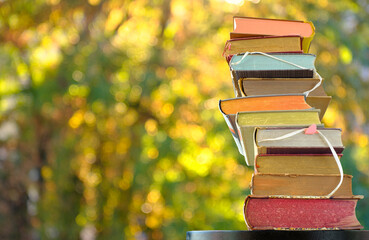 stack of books against autumn colored trees, inspiration,reading, education, literature  concept, ...