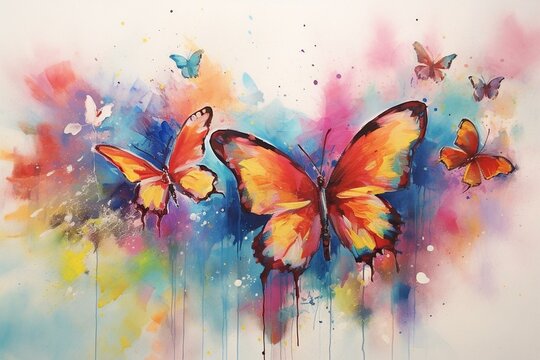A painting of butterflies in flight with colorful watercolor wings. Generative AI