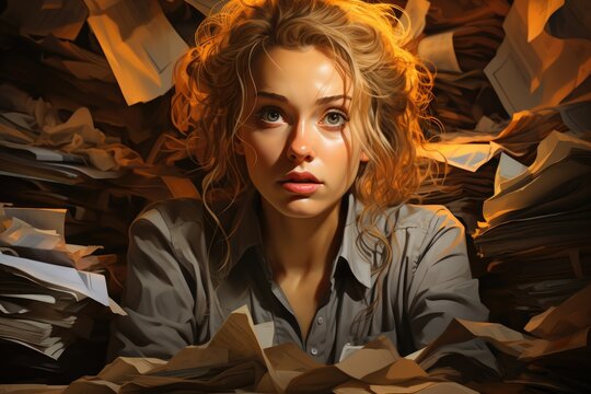 A woman sitting in front of a pile of papers