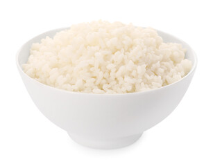 Bowl with delicious rice isolated on white