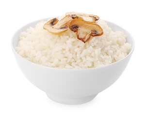 Delicious rice with mushrooms in bowl isolated on white