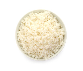 Bowl with delicious rice isolated on white, top view