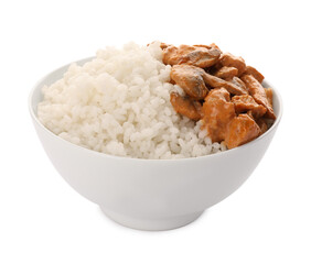 Bowl of delicious rice with meat and mushrooms isolated on white