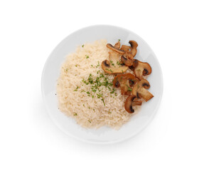 Delicious rice with parsley and mushrooms isolated on white, top view