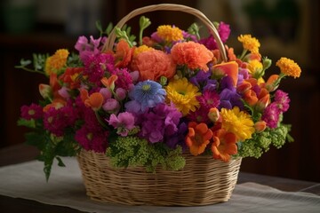 Obraz na płótnie Canvas adorable watercolor basket filled with vibrant blossoms. Generative AI