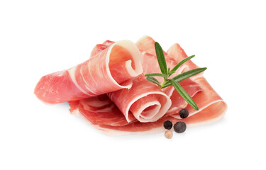 Slices of delicious jamon, spices and rosemary isolated on white