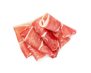 Slices of delicious jamon isolated on white, top view