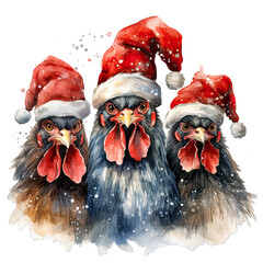 Three Christmas Chicken Wearing Santa Hat Watercolor Png - obrazy, fototapety, plakaty