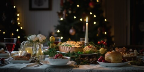 New Year's Eve dinner by the Christmas tree, holiday mood dark background
