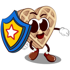 vector mascot character of a heart-shaped waffle cake carrying a shield with a star symbol