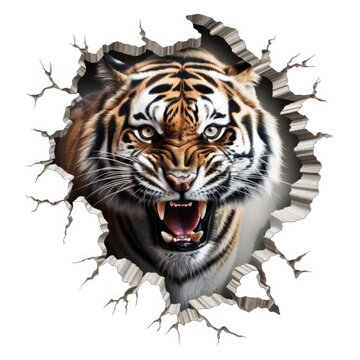 A tiger looking through a hole in a wall