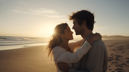 paseo romántico de una pareja por la playa - obrazy, fototapety, plakaty