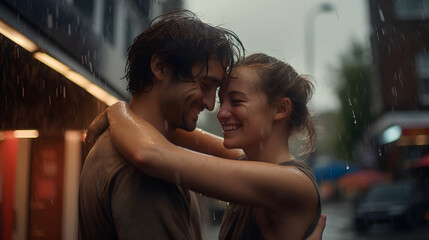 parejas ríen enamoradas bajo la lluvia