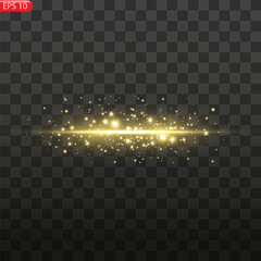 Abstract stylish light effect on a black background. Gold glowing neon line. Golden luminous dust and glares. Flash Light. luminous trail. Vector illustration. EPS 10