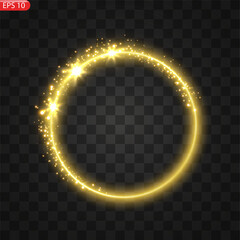 Gold circles frame with glitter light effect. A golden flash flies in a circle in a luminous ring.