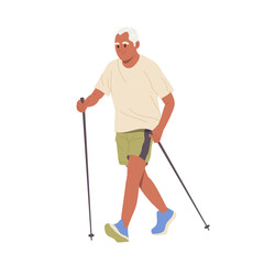 Isolated Senior man cartoon character enjoying nordic walking with sticks doing cardio exercise