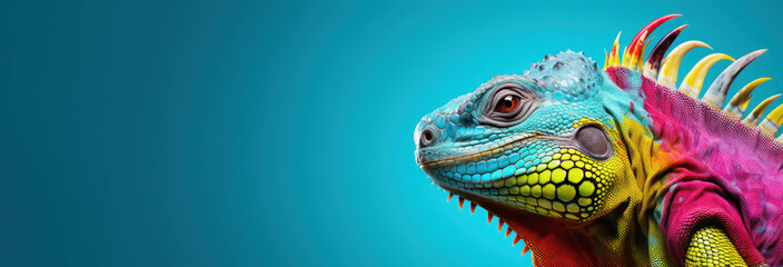 Fototapeta premium Banner with colorful iguana on isolated blue background with copy space. 