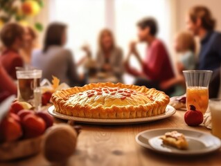 Thanksgiving day. Family having dinner. Apple pie and meal in foregrond. Blurred happy people talking around the table.