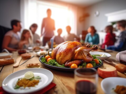 Thanksgiving party. Family dining with roasted turkey. Meal in foregrond. Blurred happy people talking around the table.
