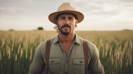 Portrait of a Male farmer wearing overalls and a straw hat, standing in the middle of a green wheat field Agricultur - obrazy, fototapety, plakaty
