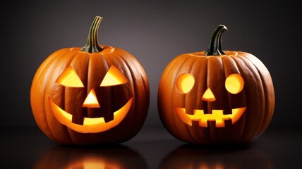 Two Jack-o-lantern pumpkins with carved face on dark background, symbol of Halloween.
