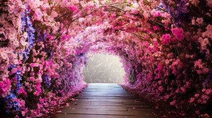  a pathway that has a bunch of flowers on the side of it.  generative ai