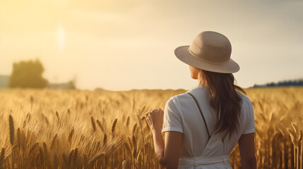 Portrait of a female farmer wearing overalls and a straw hat, standing in the middle of a green wheat field during sunrise Agriculture - obrazy, fototapety, plakaty