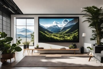 A Canvas Frame for a mockup in a modern TV room with biophilic design elements, capturing the synthesis of indoor plants