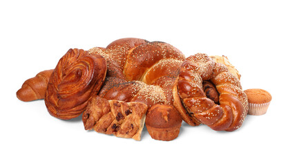 Many different tasty pastries isolated on white