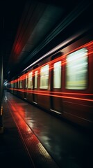 A train traveling through a train station at night