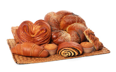 Different tasty freshly baked pastries isolated on white