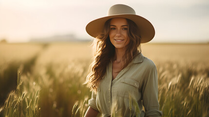 Obraz premium Portrait of a female farmer wearing overalls and a straw hat, standing in the middle of a green wheat field during sunrise Agriculture