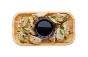 Delicious gyoza (asian dumplings) with green onions and soy sauce isolated on white, top view